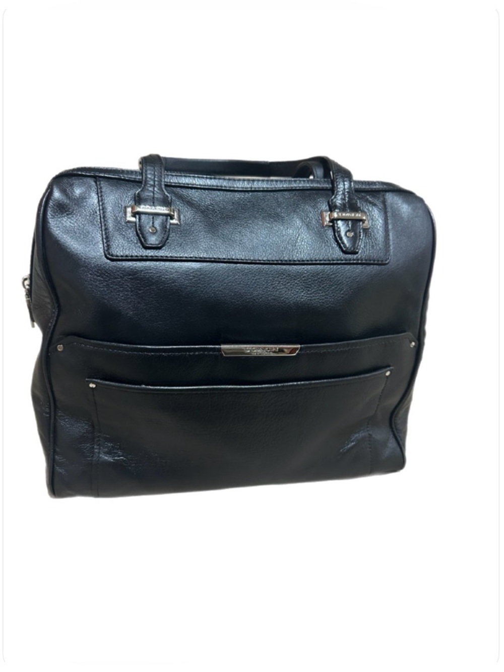 Coach Black Leather Tote with Front Pocket and Silver Hardware